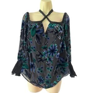 Mattie M Black Floral Velvety Off Shoulder Blouse Size XS